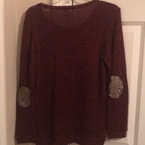 Burgundy L/S sweater w/ gold sequin elbow patches - Picture 2 of 2